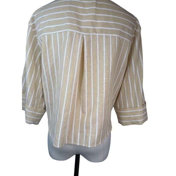 ZARA XS Beige & White Striped Button-Up Cropped Shirt With 3/4 Sleeves - Picture 9 of 12